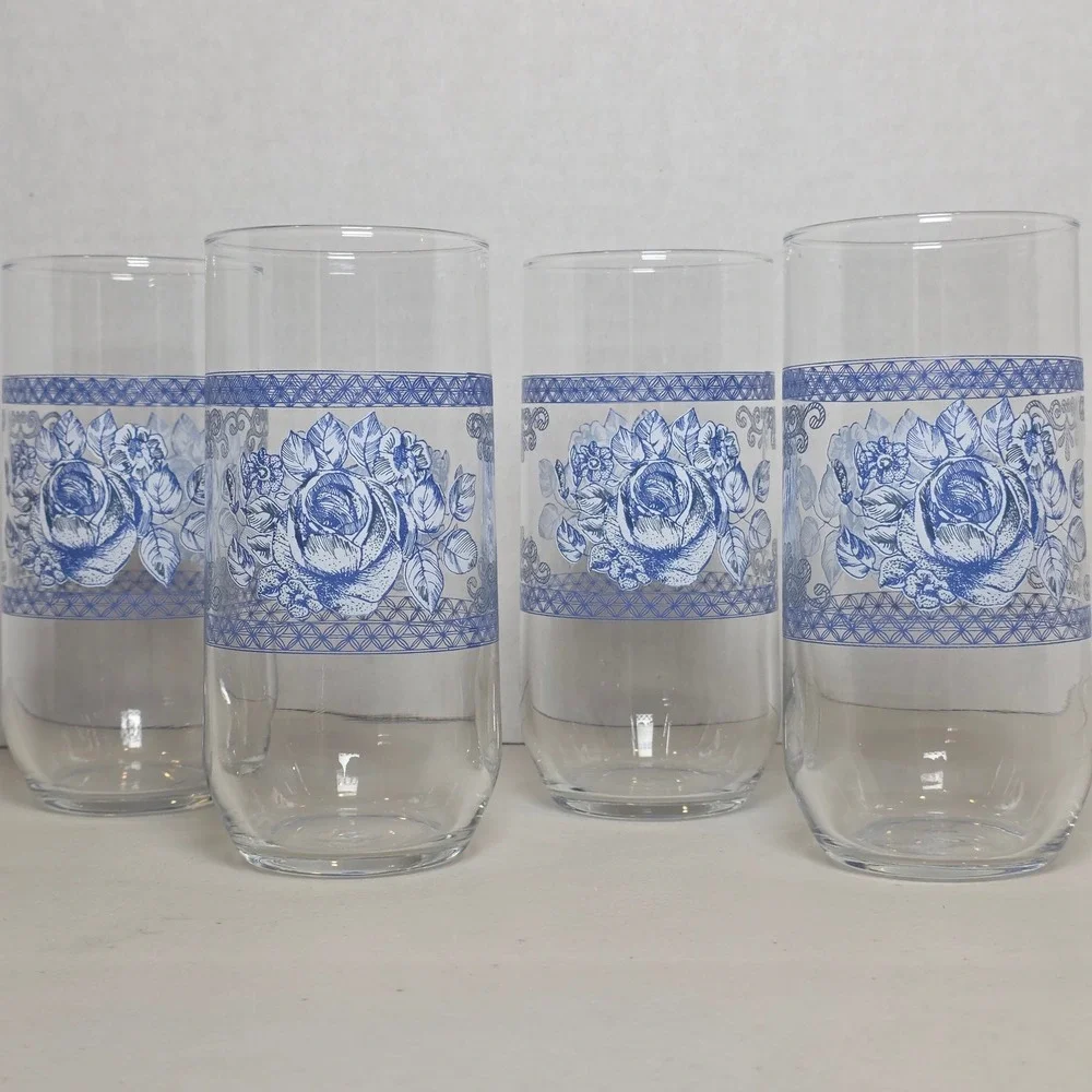 Vintage Honorine Arcopal Blue Rose Floral Glasses Set of 4 Cottagecore Tumblers